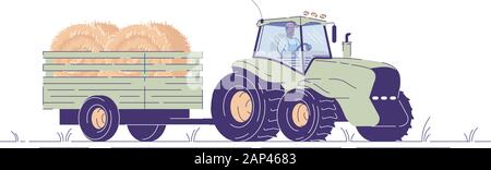 La récolte de foin télévision vector illustration. Tracteur avec panier transport de foin. Contours machines agricoles avec des balles de foin. Cartoon tracteur driv Illustration de Vecteur