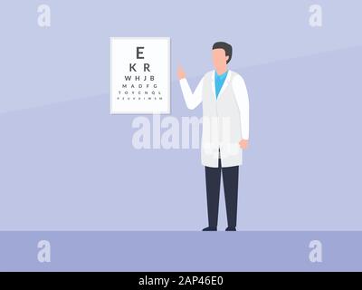 ophtalmologie médecin vérifier l'état des yeux humains avec le numéro de tableau de l'alphabet avec un simple graphique vectoriel de style plat Banque D'Images