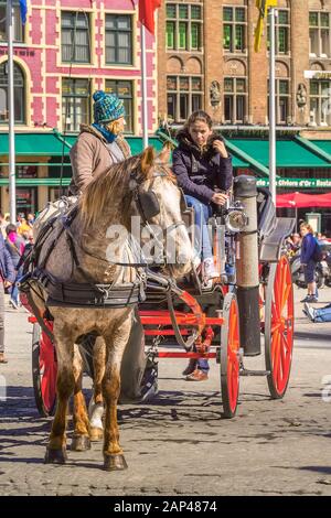 Bruges, Belgique - 10 Avril 2016 : transport de chevaux sur place du marché à destination belge populaires Brugge Banque D'Images