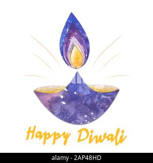 lampe diwali aquarelle avec flamme et brillance isolée sur fond de whiote Banque D'Images