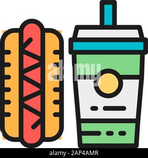 Icône en forme de ligne de couleur plate pour les repas rapides, les hot dogs et les boissons. Illustration de Vecteur