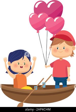 Canot en bois avec l'heureux couple en ballons coeurs Illustration de Vecteur