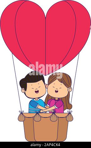 Cartoon couple heureux en montgolfière en forme de coeur Illustration de Vecteur