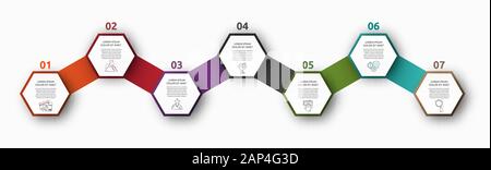 Infographie vectorielle avec 7 hexagones. Utilisé pour sept diagrammes, graphique, organigramme, chronologie, marketing, présentation. Concept d'entreprise créatif étape par étape Illustration de Vecteur