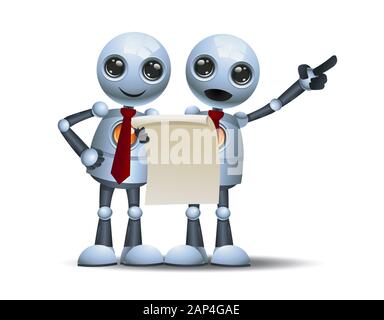 l'illustration tridimensionnelle de deux petits hommes d'affaires de robot discute tout en tenant le papier sur un fond blanc isolé Banque D'Images