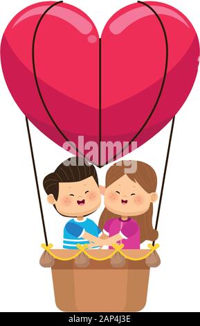 Cartoon couple heureux en montgolfière en forme de coeur Illustration de Vecteur