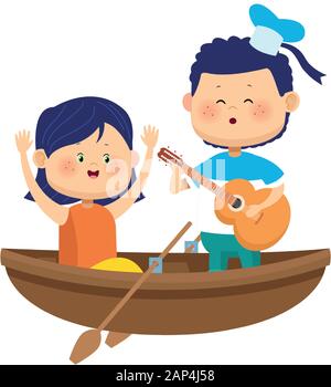 Happy girl and boy chantant en canot en bois, design coloré Illustration de Vecteur