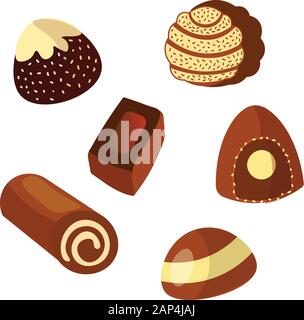 Vector set de confiserie Chocolat isolé sur fond blanc de l'alimentation, de l'anniversaire et fêtes d'illustrations. Bonbon sucré assortiment de dessert et sombre Illustration de Vecteur