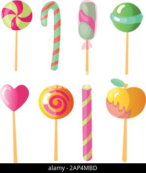 Ensemble de vecteur lumineux des bonbons. Ensemble de sucettes colorées, cartoon illustration. Rond et coeur lollipop, pommes caramélisées, sweet Candy Cane isolated Illustration de Vecteur