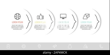 Vector infograph modèle plat. Forme avec flèche de quatre diagrammes, graphique, organigramme, plan de montage, workflow, web. Concept d'affaires avec 4 étiquettes Illustration de Vecteur