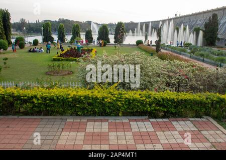 Mysore, Karnataka / Inde - Janvier 01 202: Belles fleurs et fontaines d'eau dans les jardins Brindavan pendant le coucher du soleil avec le barrage de KRS en arrière-plan, Mysoror Banque D'Images