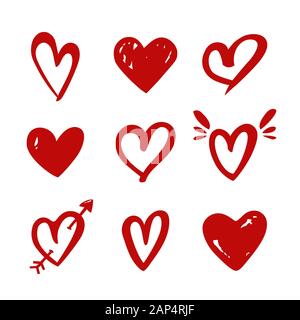 Coeur isolé sur un fond blanc. Vector hand drawn symboles pour l'Amour, mariage, la Saint Valentin ou autre motif romantique. Ensemble de 9 formes différentes. Illustration de Vecteur