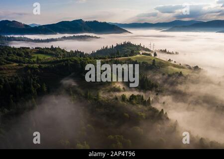 Vue aérienne de la forêt mixte colorés enveloppé dans le brouillard du matin sur une belle journée d'automne Banque D'Images