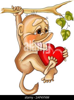 Valentine illustration vectorielle dans l'amour de singe accroché sur une branche Illustration de Vecteur
