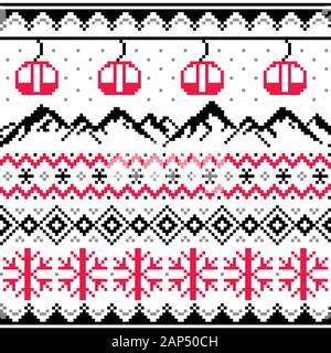 Sports d'hiver en montagne, gondoles ski et snowboard vecteur sans couture - tricot traditionnel de style jacquard Illustration de Vecteur