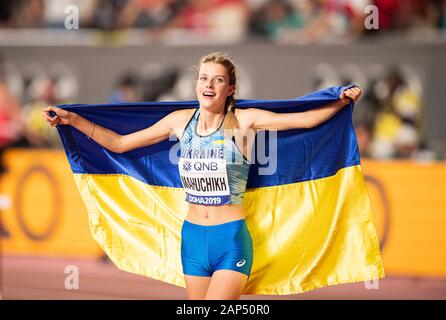 Jubilation Yaroslava MAHUCHIKH (UKR/2e place). La finale des femmes saut en hauteur, le 30 septembre 2019 Championnats du monde d'athlétisme 2019 à Doha/Qatar), du 27 septembre. - 10.10.2019. Â | conditions dans le monde entier Banque D'Images