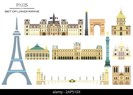 Vector set des principaux monuments de Paris, France. Vector illustration colorées isolé sur fond blanc. Icône vecteur de Paris. Immeuble de Paris contour. Illustration de Vecteur