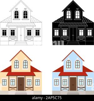 Chambre ensemble. Deux étages immeuble résidentiel avec porche. Silhouette et l'image de couleur Illustration de Vecteur