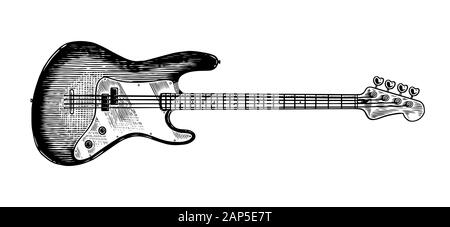 Guitare basse Electro style vintage gravé en monochrome. Croquis dessinés à la main, pour le festival de rock ou blues et ragtime poster ou t-shirt. Jazz Musique Illustration de Vecteur