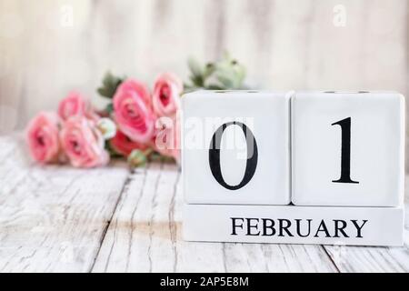 Blocs calendrier en bois blanc avec la date 1 février. Foyer sélectif avec ranunculus rose en arrière-plan sur une table en bois. Banque D'Images