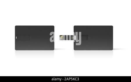 Maquette de carte usb de cachets en plastique noir vierge, ouverte fermée Banque D'Images