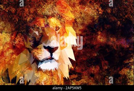 portrait graphique de la tête du lion avec effet polygonal sur l'arrière-plan abstrait. Banque D'Images