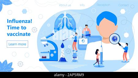 La vaccination antigrippale. Le temps de vacciner. Seringue avec vaccin, bouteille, calendrier des vaccinations et les médecins. Les médecins font minuscule contre la grippe. Healthcare Illustration de Vecteur