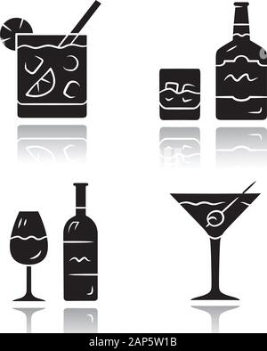 Glyphe d'ombre boissons black icons set. Cocktail au verre lowball, whisky, vin, martini. Les boissons alcoolisées pour partie. Des boissons rafraîchissantes et mélanger Illustration de Vecteur