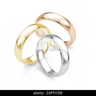 Anneaux de mariage. White Gold, Yellow Gold et Rose Gold Matching Wedding Rings Group Photographie isolée sur fond blanc. Banque D'Images