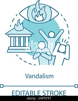 Concept de vandalisme icône. Les troubles civils, la destruction de propriété, la foule idée fine ligne illustration. Foule agressive, maison en feu et les yeux enflammés Illustration de Vecteur