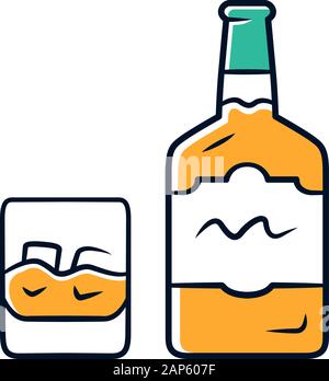 L'icône de couleur orange de whisky. Bouteille et verre à l'ancienne avec un verre et de la glace. Le scotch, le rhum shot. Boissons alcooliques distillées consommées pour les cocktails. B Illustration de Vecteur