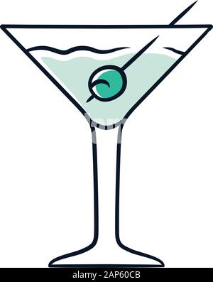 L'icône de couleur bleu Martini. Verre à pieds avec boisson et d'olive. Cocktail avec gin et vermouth. Boissons alcoolisées rafraîchissantes pour partie. Tumbler avec born Illustration de Vecteur