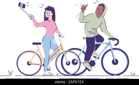 Télévision selfies vector illustration. L'homme et de la femme sur les bicyclettes en tenant stick selfies photo ensemble. Couple self portrait en entraînement sportif isolat Illustration de Vecteur