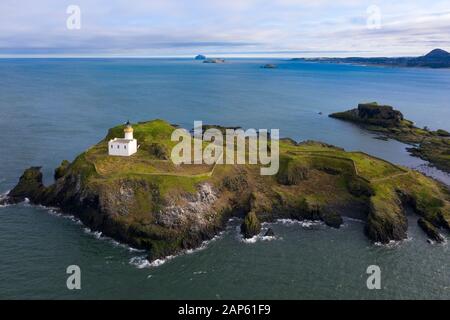 Vue aérienne de l'île de Fidra dans le Firth of Forth au large des côtes de East Lothian, Scotland, UK Banque D'Images