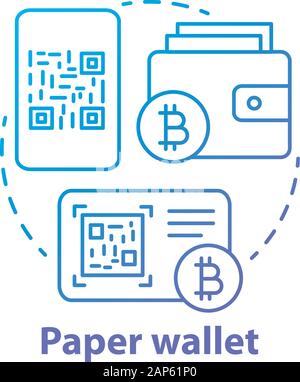 Porte-monnaie papier concept bleu icône. Stockage hors ligne Bitcoin idée fine ligne illustration. La copie de QR code, clé privée sur papier. Transaction Cryptocurrency Illustration de Vecteur