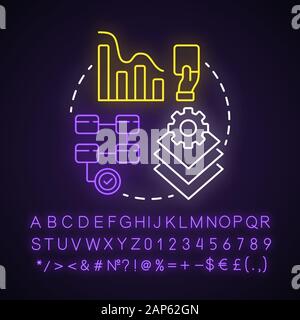 Développement cascade neon light concept icône. Phases du projet. Gestion de la stratégie. Idée d'administration Workflow. Signe rougeoyant avec alphabet, numbe Illustration de Vecteur