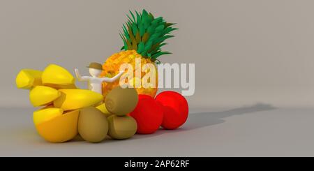 illustrateur en trois dimensions, rendu en trois dimensions du caractère blanc des jardiniers de fruits. Banque D'Images