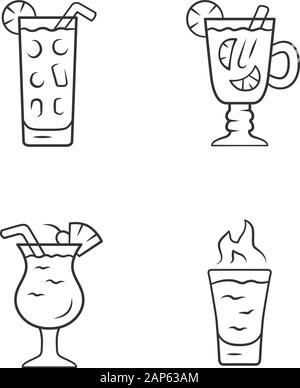 Linéaire boissons icons set. Cocktail au verre highball, Hot Toddy, pina colada, flaming shot. Les mélanges et les boissons gazeuses. Fine ligne contour des symboles. Isolé Illustration de Vecteur