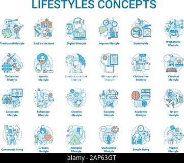 Les concepts de vie icons set. Types de séjour idée fine ligne illustrations. Technicien, digital, hipster, vêtements gratuitement, durable, mode de vie ascétique. Illustration de Vecteur