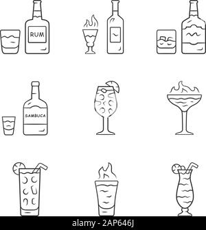 Linéaire boissons icons set. Le rhum, l'absinthe, whiskey, sambuca, sangria, ouragan, cocktail flamboyant et tourné. Fine ligne contour des symboles. Vecteur isolé ou Illustration de Vecteur