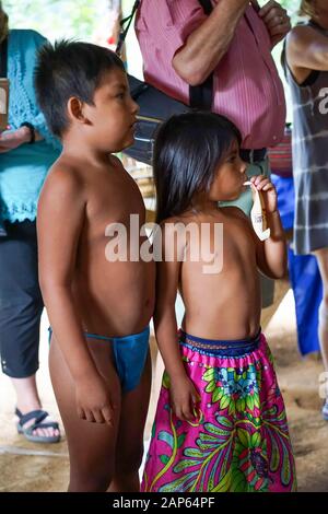 Les femmes et les hommes autochtones qui font de la danse au village d'Embera Puru au Panama, communauté autochtone du lac Alajuela dans le parc national de Chagres Banque D'Images