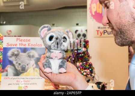 Londres, Royaume-Uni. 21 janvier 2020. Un membre du personnel présente Katy Koala par Ty (ventes de jouets qui va recueillir de l'argent pour sauver les koalas après les récents incendies Australian bush) au jour de l'ouverture de la Toy Fair, le plus important des jouet, jeu et hobby trade exhibition au Royaume-Uni, ayant lieu à Kensington Olympia. Le spectacle réunit plusieurs des principaux fabricants et distributeurs de jouets et offre une chance pour les acheteurs de l'industrie pour voir les derniers jouets en préparation à Noël. Crédit : Stephen Chung / Alamy Live News Banque D'Images