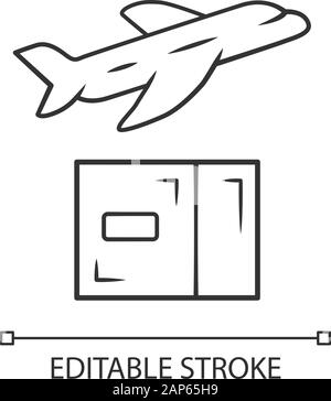 Livraison par avion icône linéaire. L'expédition de fret international. Le fret aérien. Transférer et l'expédition de colis, paquets. Cargo). Symbole de contour. Illustration de Vecteur