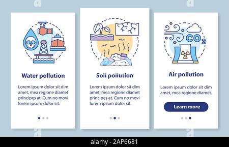 Intégration de la pollution l'écran page d'application mobile avec des concepts linéaires. L'eau, le sol et la contamination des déchets de l'air procédure pas à pas instructions graphiques. UX, Illustration de Vecteur