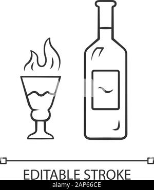 Icône linéaire de l'absinthe. Bouteille et verre à pieds de hauteur avec flaming shot. Hautement distillée boisson alcoolisée. Fine ligne illustration. Symbole de contour. Vec Illustration de Vecteur