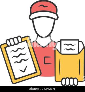 L'icône de couleur livraison de documents. Service de courrier express. Postman, deliveryman holding clipboard avec facture. Colis, la livraison de petits colis. Shi rapide Illustration de Vecteur