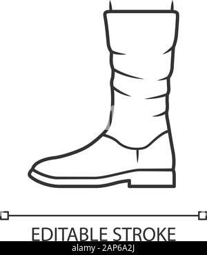 Femmes bottes mollet icône linéaire. Chaussures en cuir Vue de côté. Chaussures femmes talon plat pour la saison d'hiver. Fine ligne illustration. Avc. modifiable S Contour Illustration de Vecteur