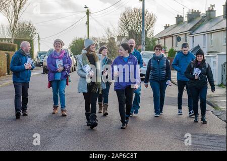 Le candidat social-démocrate de l'élection générale Cllr. Démarchage Holly Cairns autour de Skibbereen avec une équipe de bénévoles. Banque D'Images