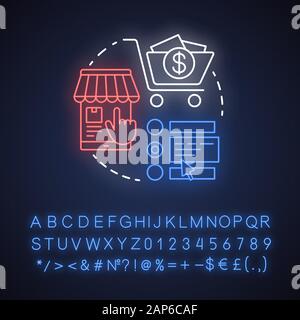 Commande client neon light concept icône. Magasinage en ligne idée de l'application. Choisissez le produit en magasin. Marketing numérique. Signe rougeoyant avec alphabet, numb Illustration de Vecteur