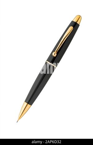 Stylo métallique isolé sur fond blanc. Stylo bille noir Banque D'Images